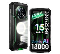 DOOGEE Fire 5 Ultra 4G Móvil Resistente,1200LM Luz de Camping, 32GB+256GB/2TB,13000mAh 18W Android 15 Móvil Irrompible,6.6''HD+90Hz,48MP AI Cámara,IP68/NFC/OTG/3 Slot/Face ID/GPS (Verde)