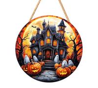Door Hanger Sign, 2d Wooden Happy Halloween Signage, Pirate Ghost Pumpkin, Spooky Wall Decor for Front, Door, Gate, Hallway, Gothic, Wedding, Fall, Festival, Party, 30 x 30 m