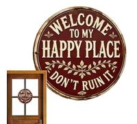 Door Sign - 20×20×0.3cm Round Vintage Welcome Sign For Front Door Welcome To My Happy Place Farmhouse Wall Decor | All Seasons Indoor Outdoor Porch Window Home Kitchen
