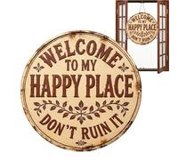 Door Sign - 20×20×0.3cm Round Vintage Welcome Sign For Front Door Welcome To My Happy Place Farmhouse Wall Decor | All Seasons Indoor Outdoor Porch Window Home Kitchen