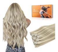 DOORES Extensiones Pelo Natural Clip, Rubio Ceniza Resaltado Rubio Platino 40cm 16 Pulgadas 7 Piezas 120g Extensiones de Cabello Humano Natural Auténtico Cabello Humano Natural Pelo Humano
