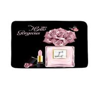 Doormat Hello Gorgeous Lips Flower Fashion Makeup Cute Girls Woman Romantic Black Background Tapete Rectangular Alfombra Exterior para Puerta Resistente A La Suciedad Door Mats para Cocina