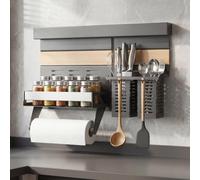 doporro Estante de Cocina Gris con Riel de Aluminio 52 cm, Organizador en Acero Galvanizado Desmontable, con Estante de Especias, Soporte para Papel, Portautensilios y Ganchos