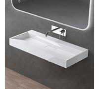 doporro Lavabo sobre encimera blanco brillante de mármol fundido con válvula de desagüe 100x46x11cm Colossum19 lavabo rectangular suspendido sin orificio para grifo con nano revestimiento