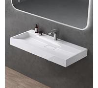 doporro Lavabo sobre encimera blanco brillante de mármol fundido con válvula de desagüe 120x46x11cm Colossum19 lavabo rectangular suspendido con 1 orificio para grifo con nano revestimiento