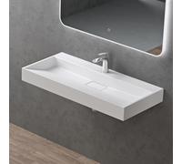 doporro Lavabo sobre encimera blanco mate de mármol fundido con válvula de desagüe 100x46x11cm Colossum19 lavabo rectangular suspendido con 1 orificio para grifo con nano revestimiento
