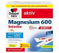 Doppelherz Magnesio 600 Intense + D3 DEPOT DIRECT - Alta dosis con 600 mg de magnesio más 25 μg de vitamina D por bolsa - 60 porciones con sabor a limón