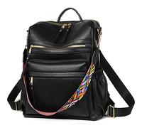 Dora & Liz Mochila de piel para mujer, diseño de moda, convertible para viajes, universidad, con correa colorida, Pu Negro, Medium