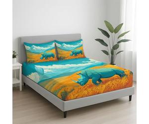 Dorado Sabanas 135 x 200 x 30 Cama 120|135 para Colchón de 30 cm de Altura Sabanas Ajustable Suave Transpirable Sabanas para Adultos y Ninos Ilustración Campo De Trigo Rinoceronte Valle