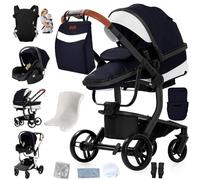 Doraystar Cuero PU Carro Bebe 3 Piezas, Carrito Bebe 3 en 1 con Dos Modos de Empuje Reversibles, Cochecito Bebe 3 Piezas con Capazo Grande Cómodo, Carricoche Bebe Alto Paisaje (L518 Black Blue)