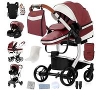 Doraystar Cuero PU Carro Bebe 3 Piezas, Carrito Bebe 3 en 1 con Dos Modos de Empuje Reversibles, Cochecito Bebe 3 Piezas con Capazo Grande Cómodo, Carricoche Bebe Alto Paisaje (L518 Red)
