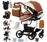 Doraystar Cuero PU Carro Bebe 3 Piezas, Carrito Bebe 3 en 1 con Dos Modos de Empuje Reversibles, Cochecito Bebe 3 Piezas con Capazo Grande Cómodo, Carricoche Bebe Alto Paisaje (L518 Khaki)
