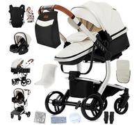 Doraystar Cuero PU Carro Bebe 3 Piezas, Carrito Bebe 3 en 1 con Dos Modos de Empuje Reversibles, Cochecito Bebe 3 Piezas con Capazo Grande Cómodo, Carricoche Bebe Alto Paisaje (L518 White)