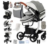 Doraystar Cuero PU Carro Bebe 3 Piezas, Carrito Bebe 3 en 1 con Dos Modos de Empuje Reversibles, Cochecito Bebe 3 Piezas con Capazo Grande Cómodo, Carricoche Bebe Alto Paisaje (L518 Grey)