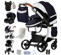 Doraystar Cuero PU Carro Bebe 3 Piezas, Carrito Bebe 3 en 1 con Dos Modos de Empuje Reversibles, Cochecito Bebe 3 Piezas con Capazo Grande Cómodo, Carricoche Bebe Alto Paisaje (L518 Silver Blue)