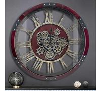 DORBOKER 30" Original Moving Gears Wall Clock, Large Industrial Wall Clock for Living Room Decor, Retro Wood Vintage Farmhouse Steampunk Rustic Clocks for Wall Decor,Cherry Red