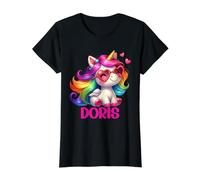 Doris - Unicornio Colorido con Nombre Personalizado Camiseta gráfica económica, Mujer, Negro, S