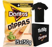 DORITOS Dippas Nachos de Maíz Sabor Original para Aperitivo y Dips, Bolsas Individuales de 150 g, Pack de 15, Incluye Camiseta de Regalo