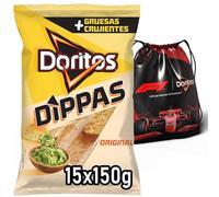 DORITOS Dippas Nachos de Maíz Sabor Queso para Aperitivo y Fiestas, Bolsas Individuales de 150 g, Pack de 15, Incluye Mochila de Regalo
