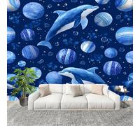 Dormitorio Papel Pintado Delfines Planetas Pintados Pared Panorámico 400x280 cm Azul Fotomurales No Tejido, Póster Gigante de Pared Personalizado 3D Para Salón Fotomurales