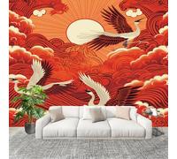Dormitorio Papel Pintado Estilo JaponéS Grulla de Corona Roja Nubes Pared Panorámico 250x175 cm Rojo Fotomurales No Tejido, Póster Gigante de Pared Personalizado 3D Para Salón Fotomurales