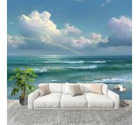 Dormitorio Papel Pintado Hermosa Vista Al Mar Y ArcoíRis. Pared Panorámico 350x256 cm Azul Fotomurales No Tejido, Póster Gigante de Pared Personalizado 3D Para Salón Fotomurales