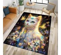 Dormitorios con Alfombra de Dibujos Animados de Gato Galaxia,Alfombras con Diseño de Animales Mariposas Flores,Antideslizante Carpet para Sala de Estar Sofá Decora del Hogar (Multi 3,50x80 cm)