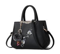 DORRISO Bolso de Mujer de Mano, Bolso Bandolera Elegante de Piel Sintética, Bolso de Hombro Grande con Bordado Floral y Pompon, Bolso Capazo para Trabajo, Compras, Viaje y Uso Diario Negro A