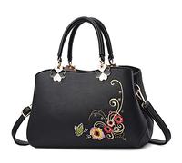 DORRISO Bolsos de Mujer Moda Bolso de Hombro Lindo Bordado Tote Bolso PU Cuero Trabajo Escuela Viajes Casual Diario Señora Bolsos Negro