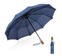 DORRISO Paraguas Plegables Automáticos Hombres Mango de Madera de Viaje Apertura y Cierre Automático Paraguas Compacto Plegable Portátil Antiviento Impermeable Azul