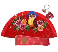 Dos abanicos de Madera con Flores y un Buho Pintados a Mano (con Errores en Pintura, Errores de fábrica o daños leves). Incluye una Funda Artesanal y un Llavero Flamenco. (Buho Rojo)