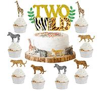 Dos adornos para tartas salvajes, adornos para cupcakes de animales de la selva, animales de Safari, segundo cumpleaños, tema del zoológico, suministros para tartas de fiesta de cumpleaños