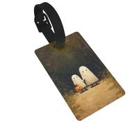 Dos bonitos fantasmas caminando camino del bosque etiquetas de equipaje, etiqueta de identificación de nombre, etiquetas de maleta, ideal para viajes, cruceros, mochilas, bolsas