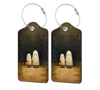 Dos bonitos fantasmas caminando por el camino del bosque para maleta, paquete de 2 etiquetas de equipaje de cuero con solapa de privacidad, etiqueta de identificación de nombre y lazo de metal para