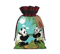 Dos bonitos pandas grandes bolsa de yute con cordón con tela a cuadros y etiqueta de papel kraft, bolsa ligera y duradera