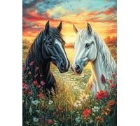 Dos Caballos a la Orilla del Lago al Atardecer Puzzle 500 Piezas Colorido Moderno Mitos Animal-Planta Rompecabezas para Adultos Obra De Arte Familiar Estera Portátil DIY Creativo 500 PCS