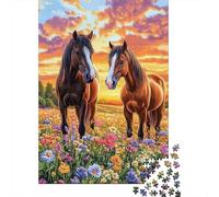 Dos Caballos al Atardecer Puzzle de 1000 Piezas Papel para Adultos Campo de Flores Puzzle para Toda la Familia Relajante Decoración Regalo 38x26cm/1000pcs