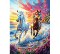 Dos Caballos Corriendo al Atardecer Puzzle 500 Piezas Obra De Arte 3D Mitos Animal-Planta Rompecabezas para Hombres Y Mujeres Desafío Intelectual Estera Portátil DIY Moderno 500 PCS