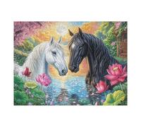 Dos Caballos Entre Flores de Loto Puzzle 500 Piezas Impossible Creativo Rompecabezas 3D Obra De Arte para Toda La Familia Juguete Educativo Decoración 500 PCS