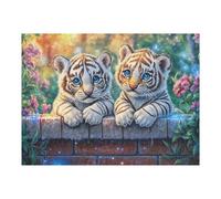 Dos Cachorros de Tigre Blanco sobre un Muro de Ladrillos con Flores Puzzles 500 Piezas Aliviar Estrés Familiar Rompecabezas para Adultos Desafío Intelectual 3D DIY Creativo Decorativo 500 PCS