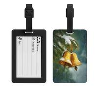 Dos campanas doradas nevadas Evergreen Tree etiqueta de equipaje bolsa de viaje maleta equipaje etiquetas nombre