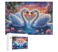 Dos cisnes bajo el Cielo Estrellado con Corazones Rosados Puzzle 300 Piezas para Mayores Ocio En Interior Estimulación Mental Regalo para Detalle Especial 300 PCS