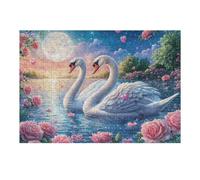 Dos cisnes Blancos Entre los pétalos de Rosas bajo la Luna Puzzle 300 Piezas Estera Portátil 3D Rompecabezas Familiar para Hombres Y Mujeres Aliviar Estrés Decoración Hogar 300 PCS