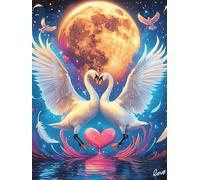 Dos cisnes con alas de ángel bajo Luna Puzzles 300 Piezas Estera Portátil 3D Fauna Mascotas Rompecabezas Familiar para Adultos Aliviar Estrés Decoración Hogar Moderno Creativo 300 PCS