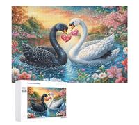Dos cisnes con Corazones Brillantes Entre Flores Puzzle 1000 Piezas para Adolescentes 14+ Actividad Educativa Desarrollo Cognitivo Regalo para Vacaciones Escolares 1000 PCS