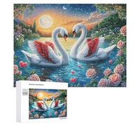 Dos cisnes con Corazones Rojos en el Lago Iluminado por la Luna Puzzle 500 Piezas para Familia Noche De Puzzle Resolución De Problemas Regalo para Unión Familiar 500 PCS