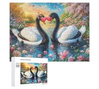 Dos cisnes con Corazones Rosados en Lago Floral Puzzle 500 Piezas para Parejas Juego Cooperativo Comunicación Y Lógica Regalo para Parejas 500 PCS