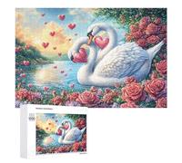 Dos cisnes con Corazones Rosados Entre Flores Puzzle 1000 Piezas para Adultos Entrenamiento Cerebral Dominio Lógico Regalo para Amantes De Desafíos 1000 PCS