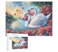 Dos cisnes con Corazones Rosados Entre Flores Puzzle 500 Piezas para Parejas Colaboración En Casa Pensamiento Estratégico Regalo para Romance 500 PCS