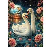 Dos cisnes en el Estanque Iluminado por la Luna Puzzle 500 Piezas Colorido Vibrante Cuento de Hadas acompañante mágico Rompecabezas para Adultos Obra De Arte Familiar Estera Portátil DIY Creativo 500
